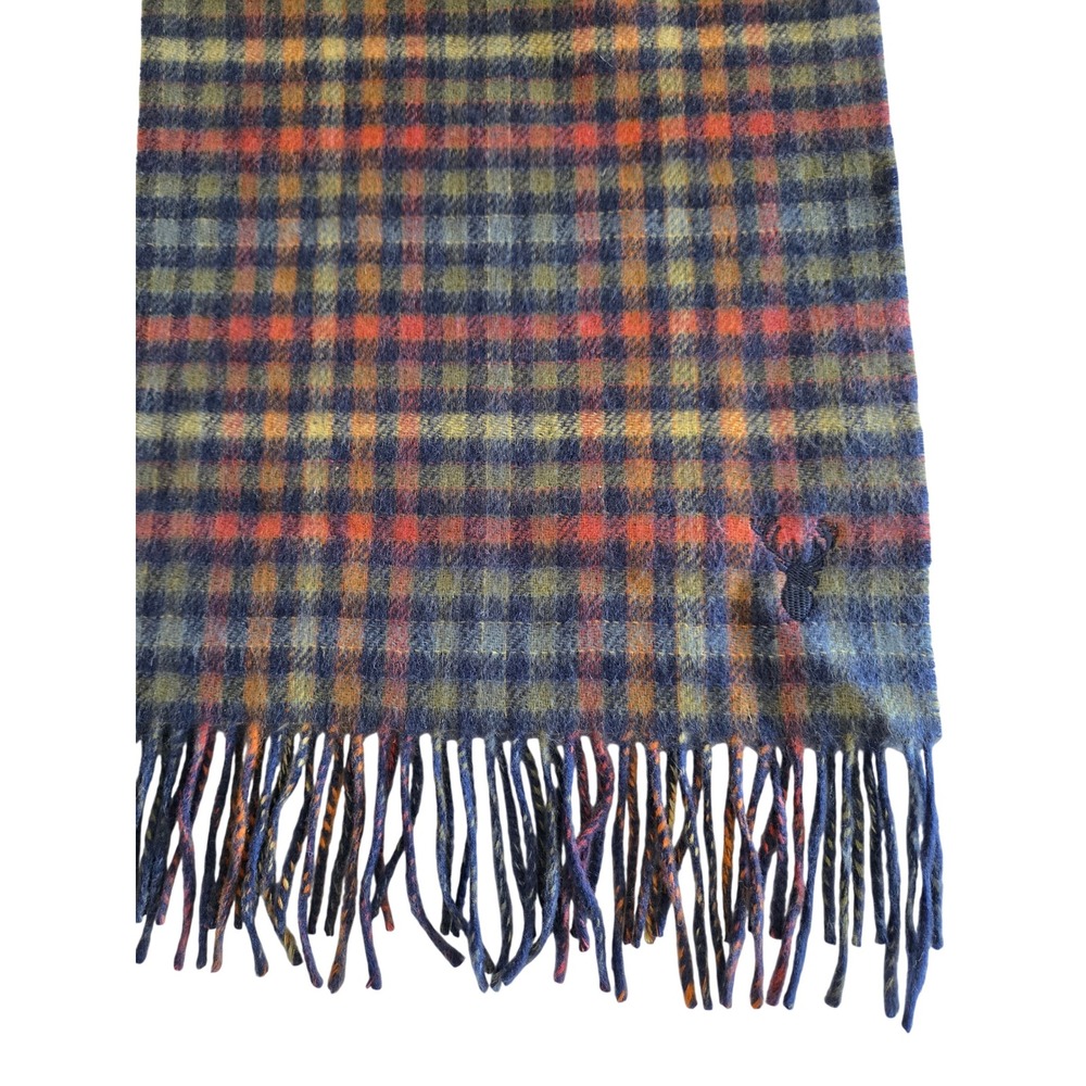 Viyella Scarf Mens Blue Orange Plaid Wool Cashmere Reversible Stag Logo Luxury